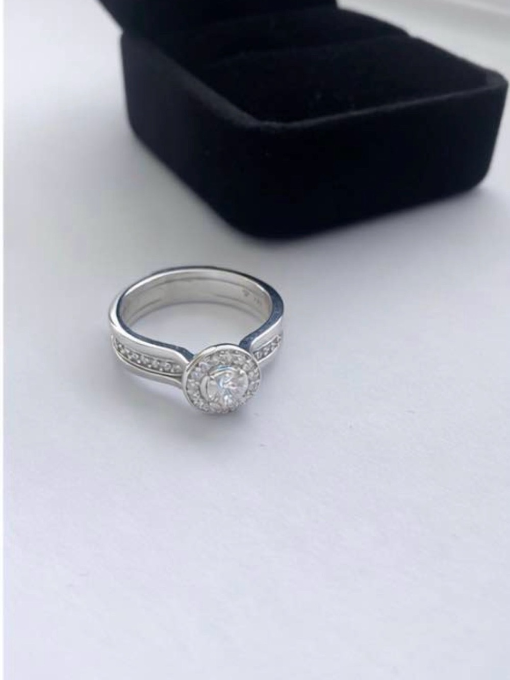 Elegant Silver-Tone Halo Engagement Ring with Clear Stones - White - Picture 2 of 4